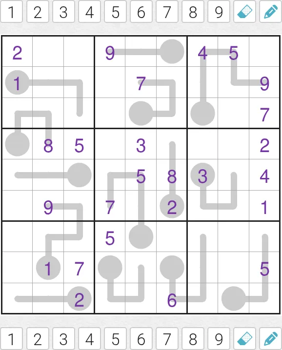 Today's Medium Thermo Sudoku on PuzzleMadness for 3 October 2026: a 9x9 grid with grey thermometers and purple given digits, between rows of number buttons