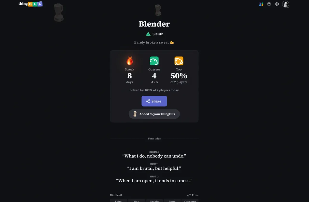 thingdle result screen for the answer Blender with a Sleuth badge, an 8-day streak, 4 guesses, a Top 50% ranking and a Share button