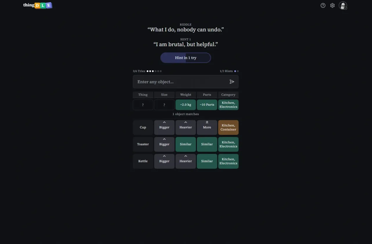thingdle board with the riddle What I do, nobody can undo, a first hint, and guesses Cup, Toaster and Kettle scored on size, weight, parts and category