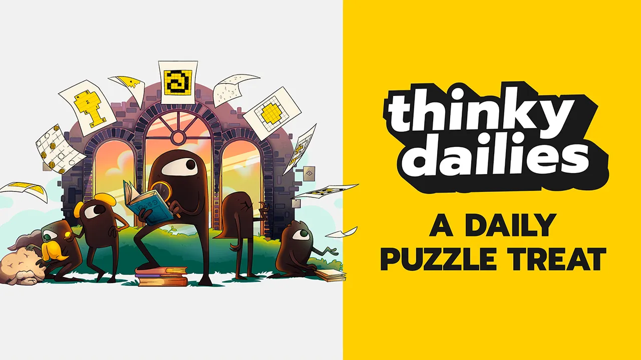 Thinky Dailies cover art: dark round creatures reading in front of an arch, with puzzle sheets of grids and paths flying around