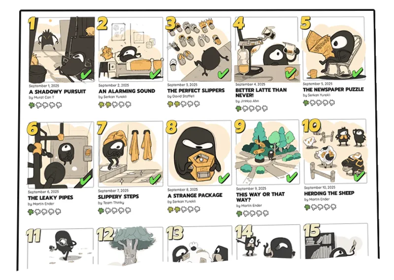 Calendar of past Thinky Dailies puzzles from September 2025, each with an illustration, title and setter