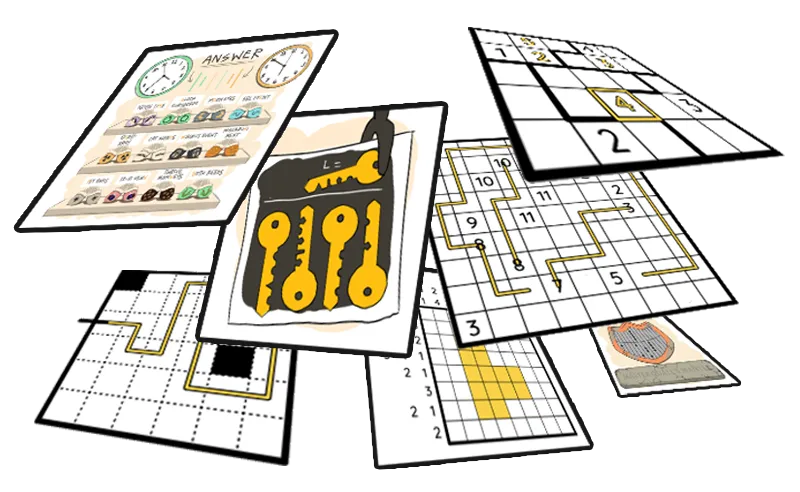 A spread of Thinky Dailies puzzle sheets, including number grids with paths, a key puzzle and a shaded nonogram-style grid