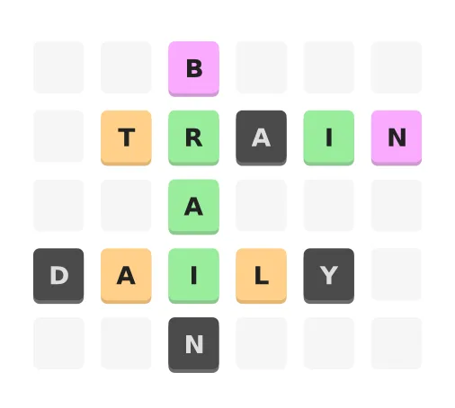 Thirdle example grid showing each colour hint on the words BRAIN, TRAIN and DAILY