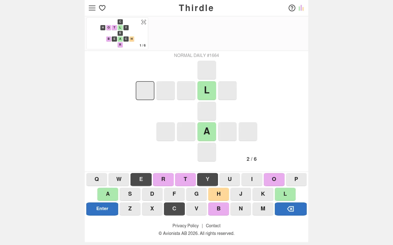Thirdle Normal Daily #1664 on 26 October 2026 after one guess: the crossing grid with L and A given, and the first guess HOTLY, CLEAR, BEACH coloured green, orange, purple and black above it
