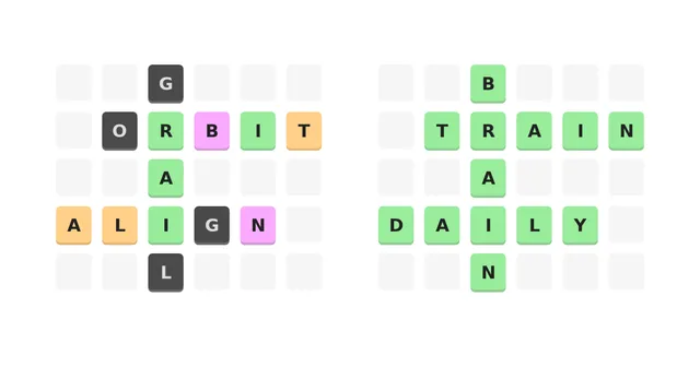 Two Thirdle grids of crossing words, one partly solved with green, orange, purple and black tiles and one fully green with BRAIN, TRAIN and DAILY