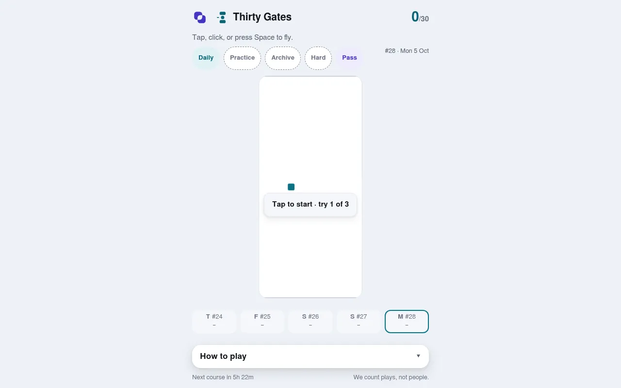 Thirty Gates daily #28 for Mon 5 Oct: a white course with a small teal square and a Tap to start, try 1 of 3 prompt, Daily, Practice, Archive and Hard tabs above and a week strip below