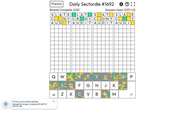 Daily Sectordle #1692 after three guesses: the first four of 32 boards with green and yellow letters, and the keyboard keys split into small colour maps of every board