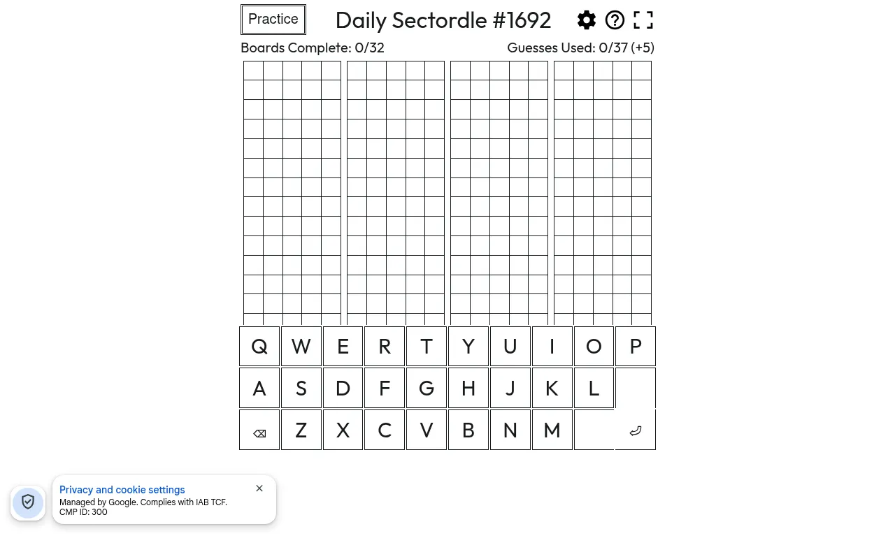 Daily Sectordle #1692 at the start: rows of empty five letter grids above the on-screen keyboard, with 0/32 boards and 0/37 guesses