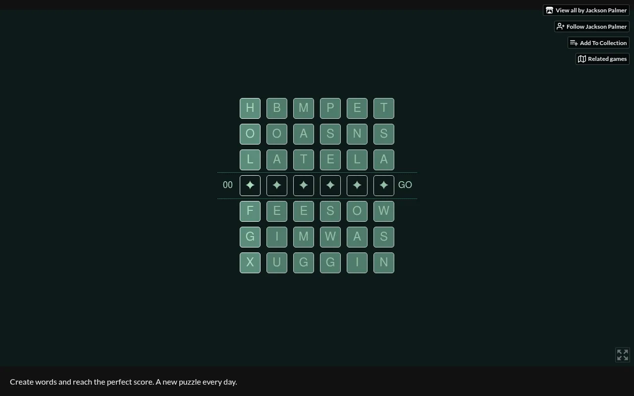 Today's thirtysix board on 29 October 2026: six columns of six letters with a row of star tiles across the middle and the score and GO button beside it