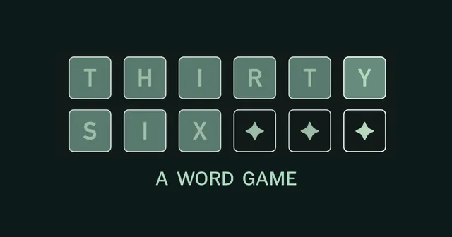 The thirtysix logo: THIRTY SIX spelled on green letter tiles with three star tiles, above the words A WORD GAME, on a dark background
