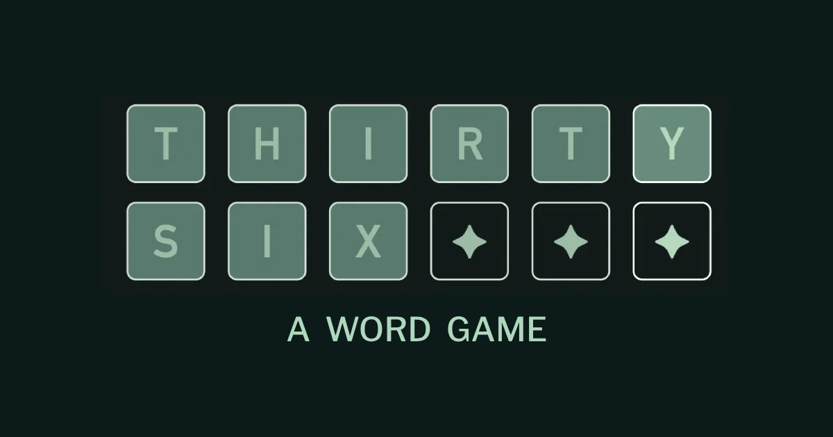 The thirtysix logo: the words THIRTY SIX spelled on green letter tiles with three star tiles, above the words A word game
