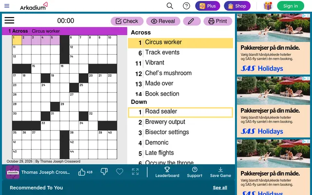 Thomas Joseph Crossword for 29 October 2026 on Arkadium: an empty 11 by 13 grid with 1 Across Circus worker highlighted, the clue list, timer and Check, Reveal and Print buttons