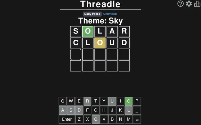 Threadle Daily #1451 with the theme Sky: the guesses SOLAR and CLOUD on the four-row board, O green then yellow, and the keyboard below