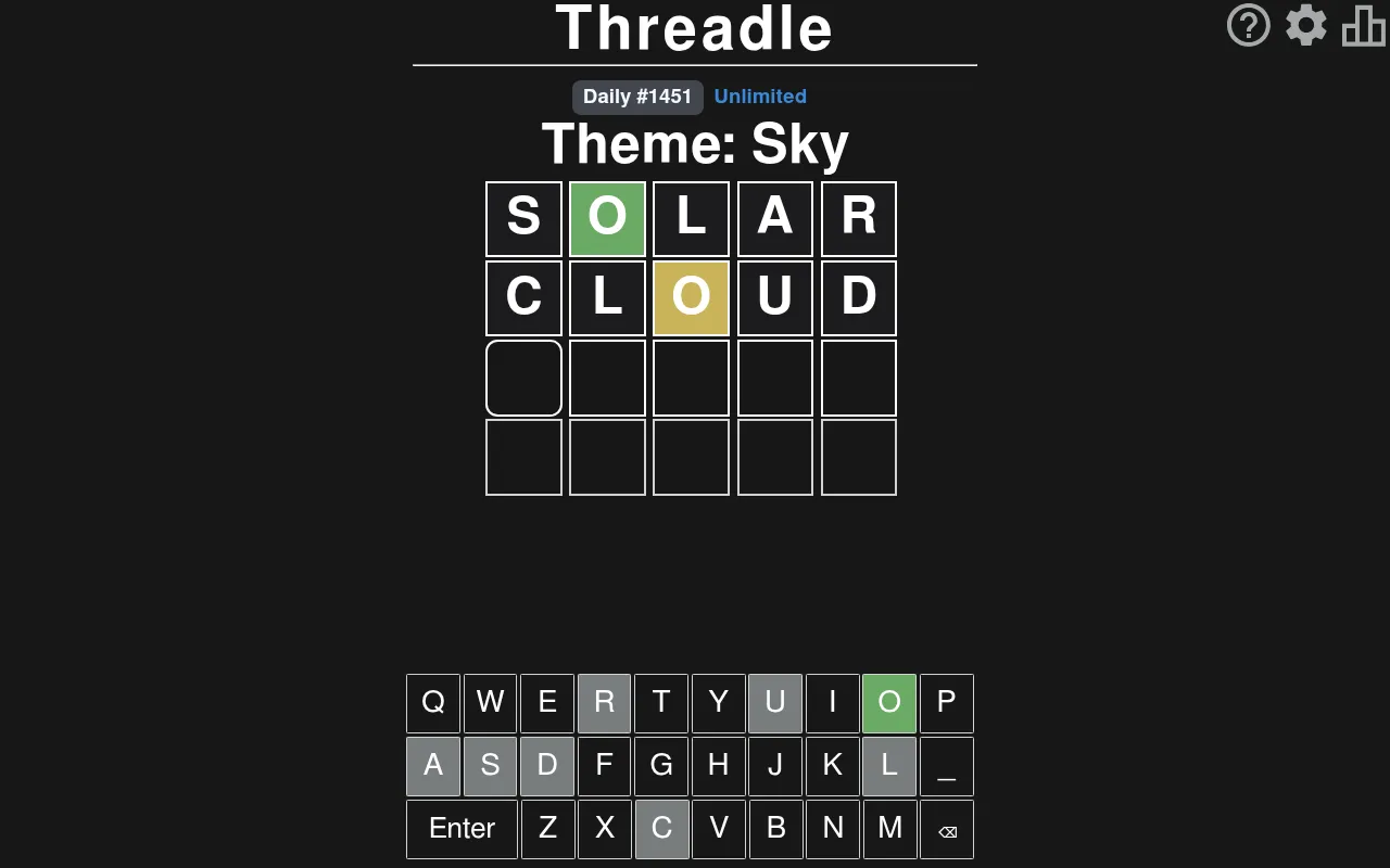 Threadle Daily #1451 with the theme Sky: the guesses SOLAR and CLOUD on the four-row board, O green then yellow, and the keyboard below