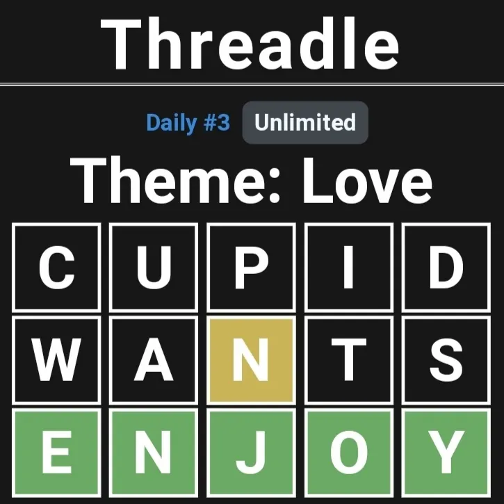 Threadle Daily #3 board with the theme Love and the guesses CUPID, WANTS and ENJOY, the last one all green