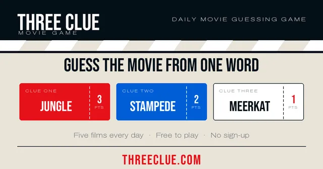 Three Clue card: three one-word clues, Jungle for 3 points, Stampede for 2 and Meerkat for 1, under Guess the movie from one word
