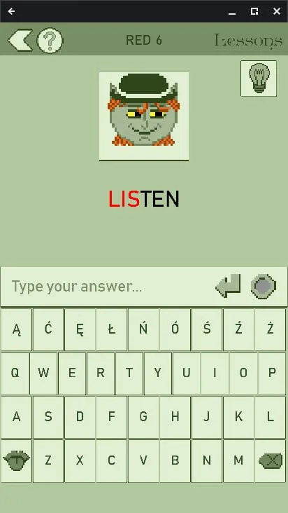 A Three Goblins lesson with a goblin and the word LISTEN above an answer box and Polish keyboard