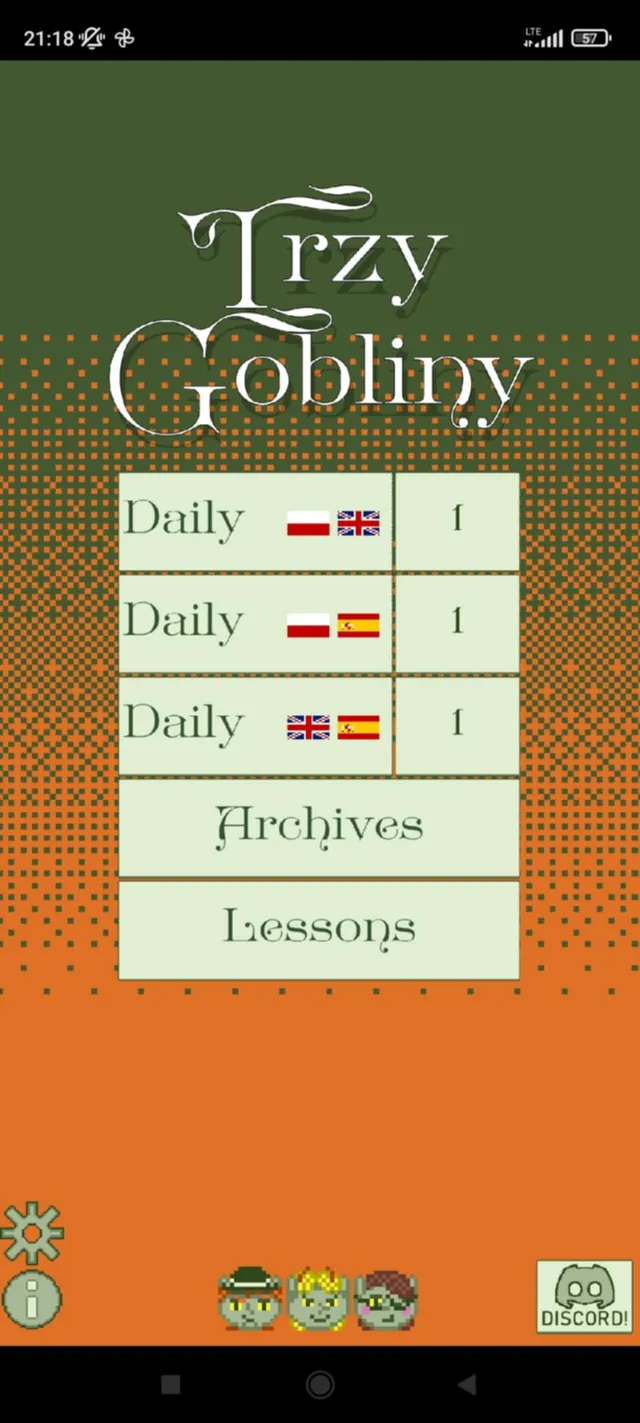 Trzy Gobliny main menu with numbered Daily riddles for three language pairs, Archives and Lessons