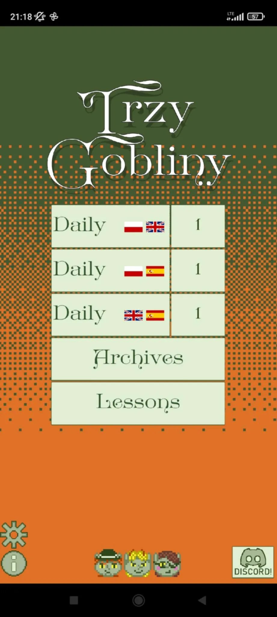 Trzy Gobliny main menu with numbered Daily riddles for three language pairs, Archives and Lessons