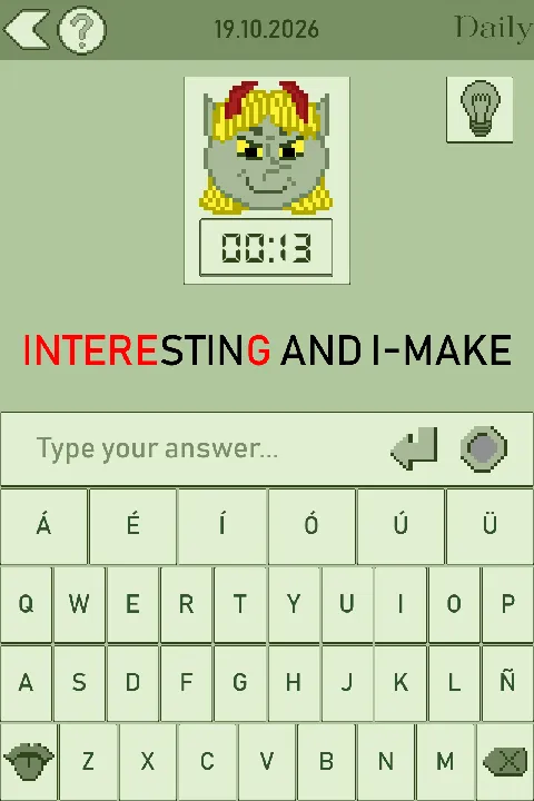 Three Goblins daily riddle for 19.10.2026: a goblin with a timer above the clue INTERESTING AND I-MAKE, the answer box and a keyboard with accented letters