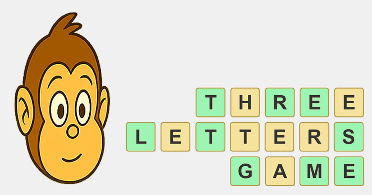 The Three Letters Game share card: a cartoon monkey beside the title spelled in letter tiles