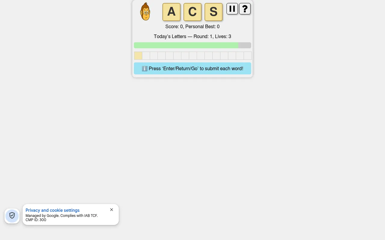 A Three Letters Game board in play: today's letters A, C and S on tiles, the round timer bar, score, three lives and the empty word row with a bonus square
