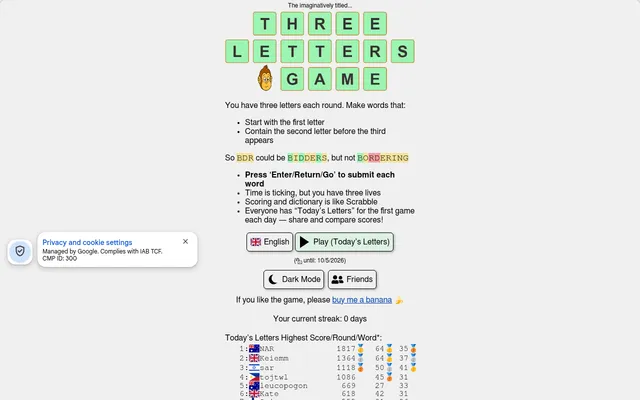 The Three Letters Game start page: the rules, a Play (Today's Letters) button and today's leaderboard of high scores