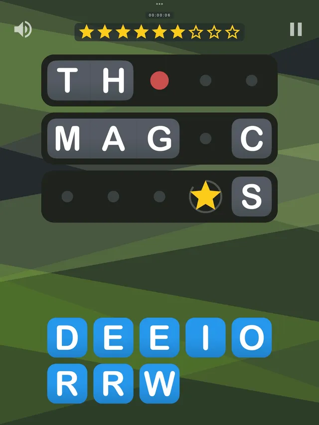 Three Magic Words round with three partly filled five-letter words and a tray of blue letter tiles