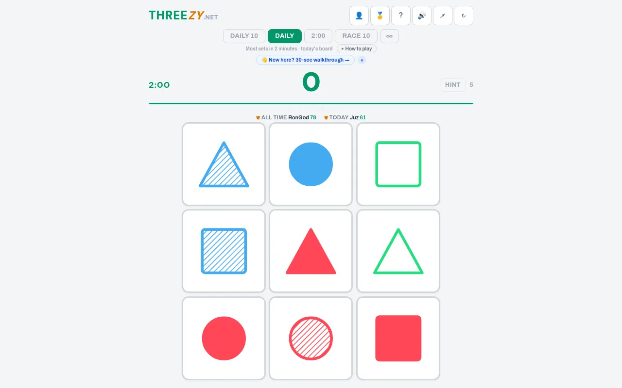 Threezy's Daily mode: a two-minute timer, a score of 0 and a three by three board of cards with blue, green and red triangles, circles and squares, solid, striped or outlined