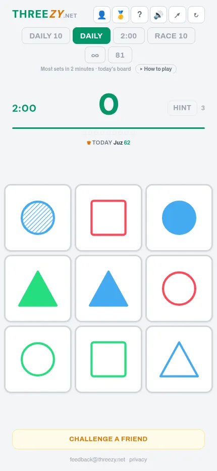 The same Daily board on a phone: mode buttons above, the timer, hint button and nine shape cards filling the screen, with a Challenge a friend button below