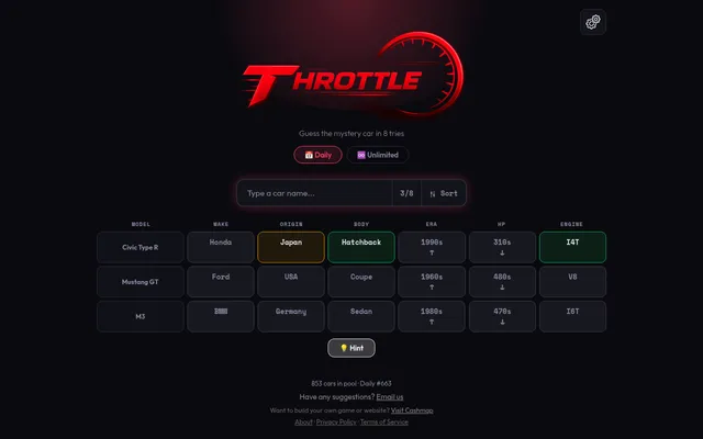 Throttle Daily #663 on a desktop after three guesses, Civic Type R, Mustang GT and M3, with make, origin, body, era, HP and engine tiles in green, yellow and grey