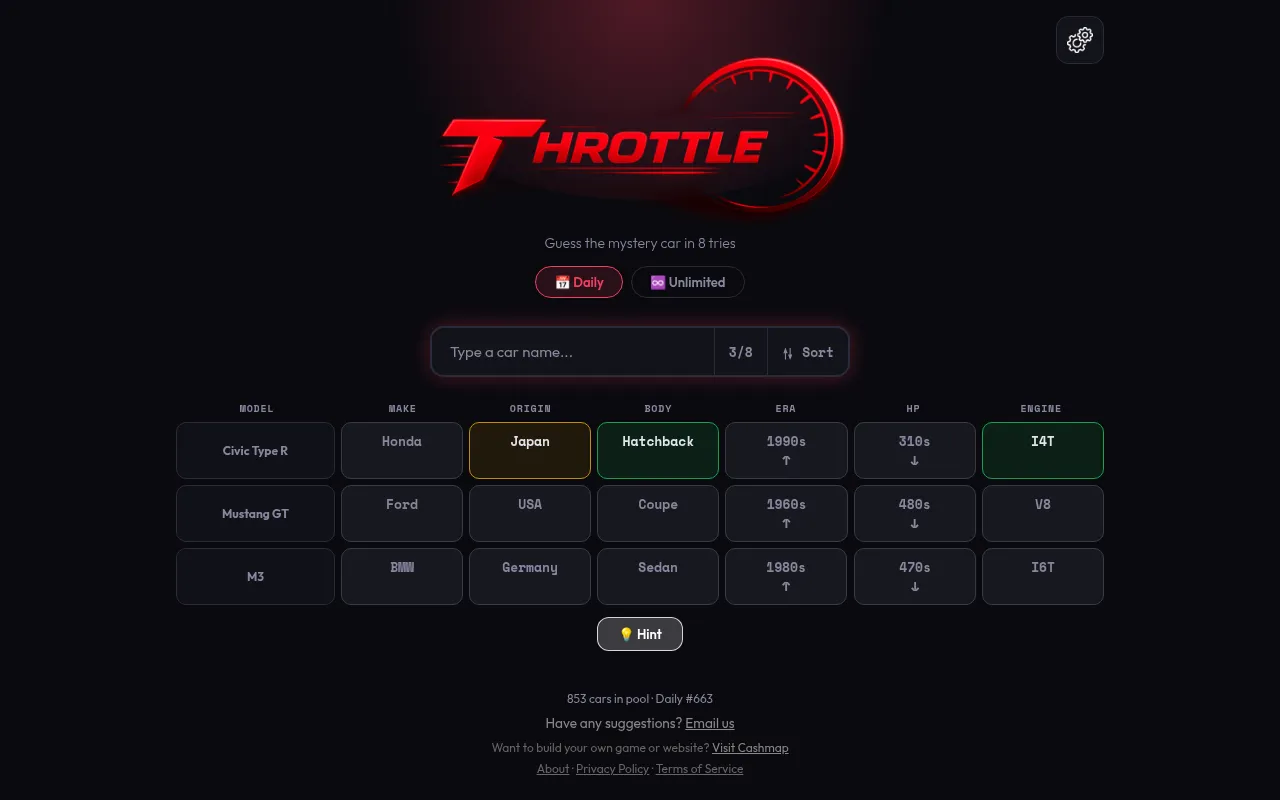 Throttle Daily #663 on a desktop after three guesses, Civic Type R, Mustang GT and M3, with make, origin, body, era, HP and engine tiles in green, yellow and grey