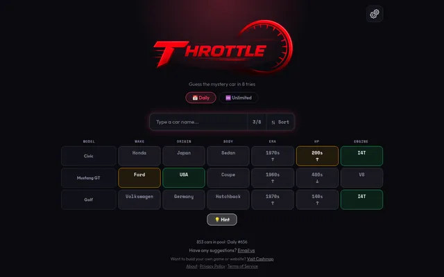 Today's Throttle board on a desktop after three guesses, Civic, Mustang GT and Golf, with make, origin, body, era, HP and engine tiles in green, yellow and grey