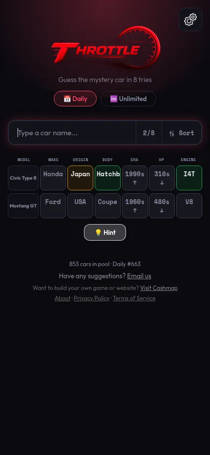 Throttle Daily #663 on a phone: two guesses, Civic Type R and Mustang GT, with their seven attribute tiles, arrows on era and HP, and the Hint button below