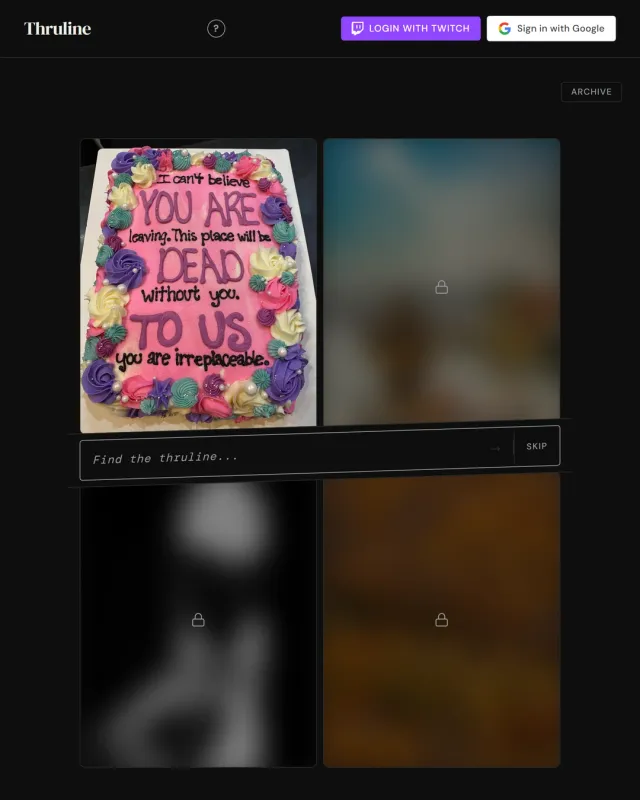 Thruline at phone size: one revealed picture of a farewell cake, three locked