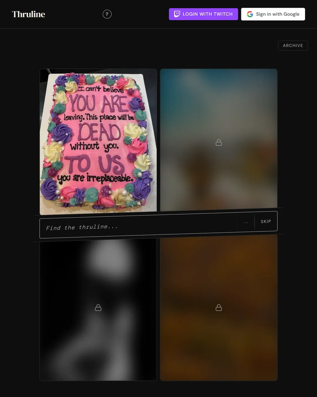 Thruline at phone size: one revealed picture of a farewell cake, three locked