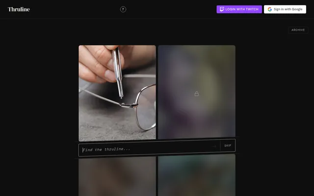 The day's Thruline: the first picture (pliers adjusting a pair of glasses) shown, three more blurred and locked, with the Find the thruline answer box, Skip and Archive