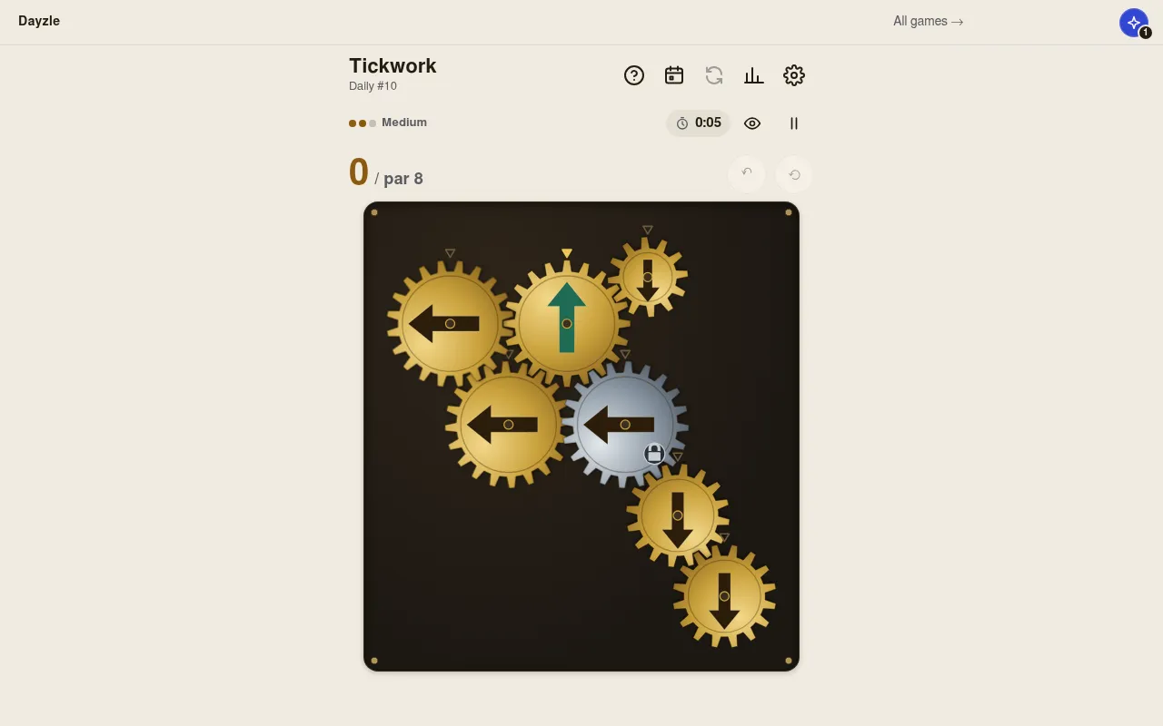 The Tickwork board, Daily #10 at Medium: seven brass gears and one locked steel gear with arrows, one already pointing up, and a counter reading 0 / par 8
