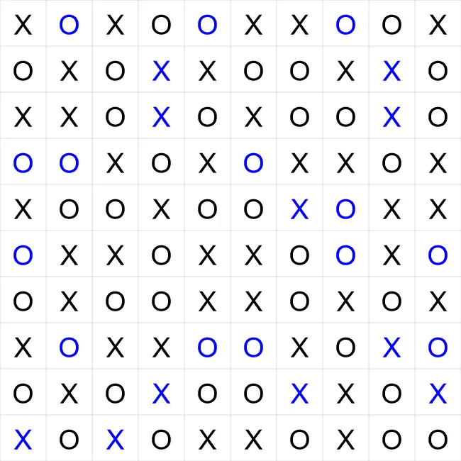 A completed TicTacToe logic grid from PuzzleMadness's rules, filled with Xs and Os