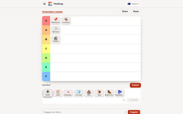 TierDrop's board for Worst Things to Find in Your Shoe (Oct 19) part ranked: Drawing pin and Cockroach in S, Wet sock in A, Pebble in B, the rest in the Unranked tray