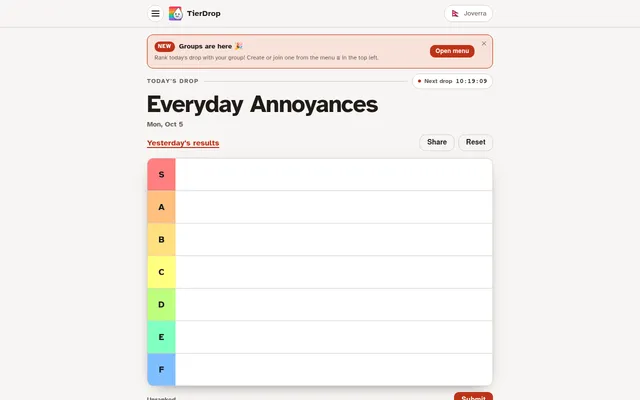 TierDrop's daily drop Everyday Annoyances for Mon, Oct 5, with a Next drop countdown and an empty tier list from S to F