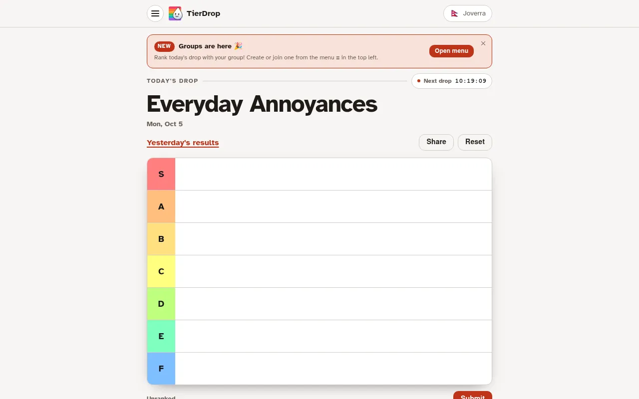 TierDrop's daily drop Everyday Annoyances for Mon, Oct 5, with a Next drop countdown and an empty tier list from S to F