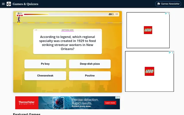 Tightrope in play for Wednesday, October 7: question 1 of 9 (Anything Goes) about the regional specialty created in 1929 for striking New Orleans streetcar workers, with four answer buttons, three hea
