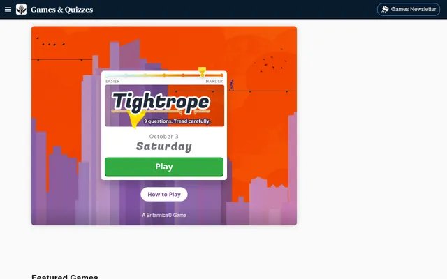 The Tightrope start screen for Saturday 3 October: the game's logo, an easier-to-harder bar with Saturday near the hard end, a Play button and a figure walking a wire over an orange city skyline