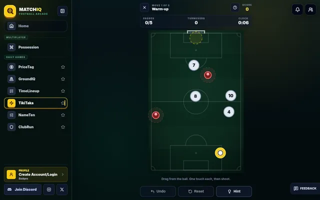 TikiTaka daily, move 1 of 5 (Warm-up): a tactics board with the ball at the back, teammates 4, 7, 8 and 10, two red defenders and the goal, with passes 0 of 5 and Undo, Reset and Hint