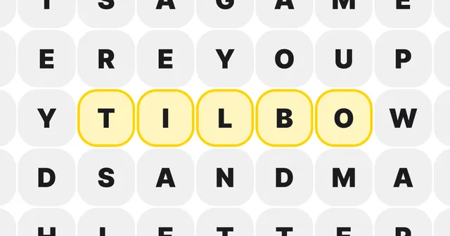 Grid of grey letter tiles with the word TILBO highlighted in yellow