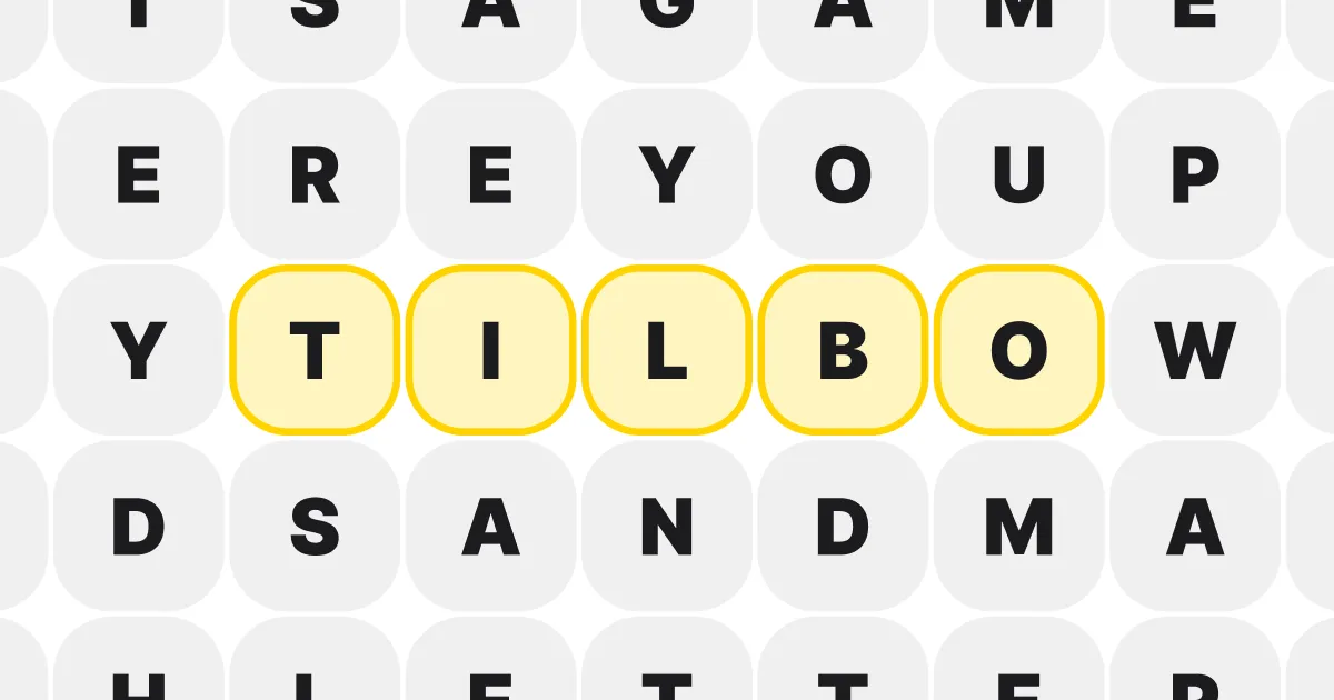 Grid of grey letter tiles with the word TILBO highlighted in yellow