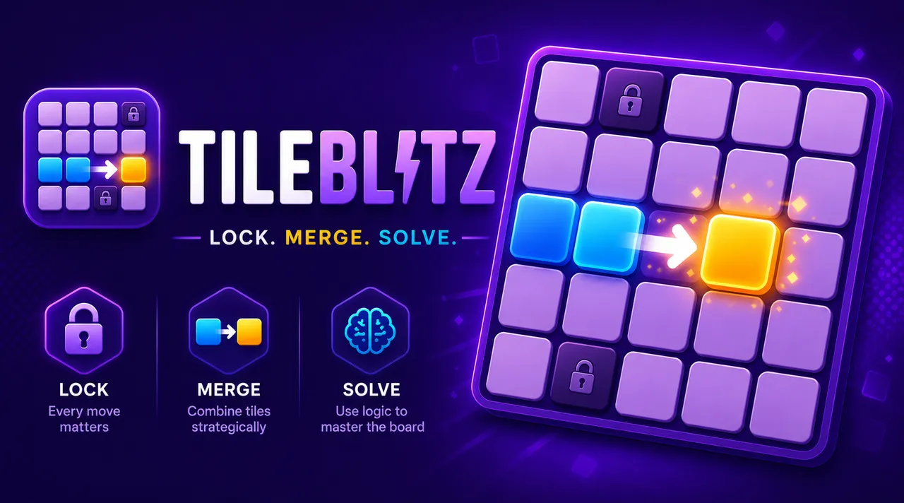 TileBlitz cover art: the TileBlitz title with the words Lock, Merge, Solve beside a purple tile board where two blue tiles slide into a gold one