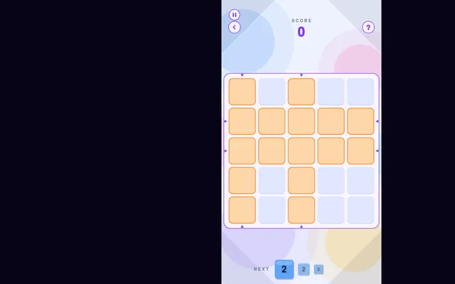 The TileBlitz Daily Challenge at the start: an empty 5x5 board with two strict rows and two strict columns shaded orange, score 0, and a queue of 2 tiles below