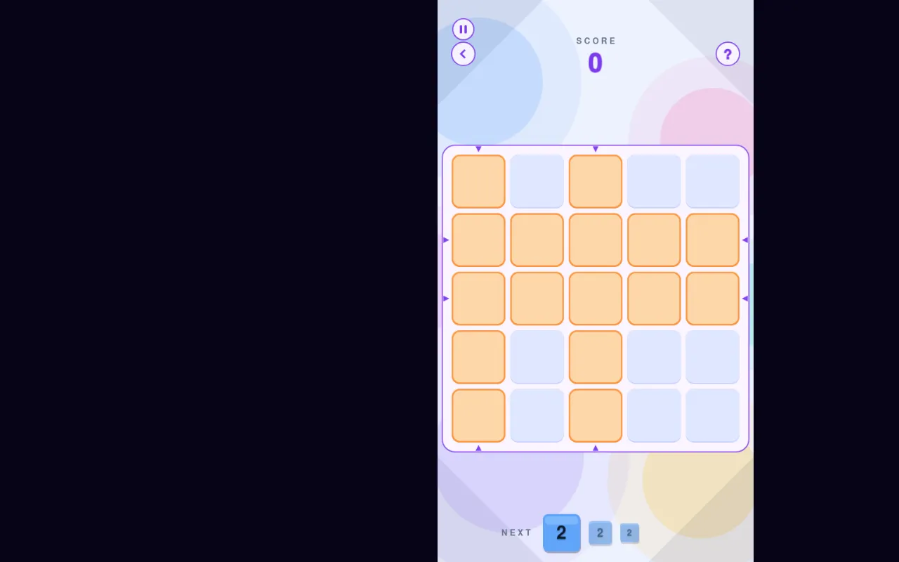 The TileBlitz Daily Challenge at the start: an empty 5x5 board with two strict rows and two strict columns shaded orange, score 0, and a queue of 2 tiles below